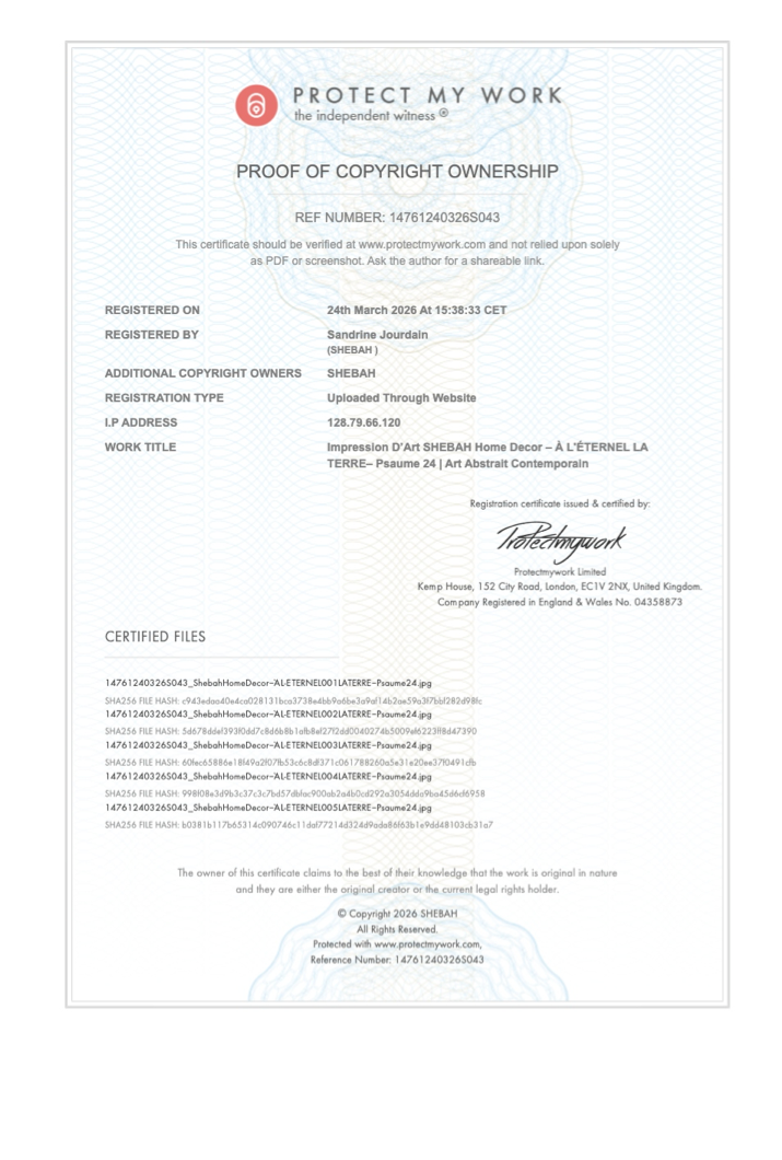 shebah-home-decor-psaume-24-certificat d'authenticité