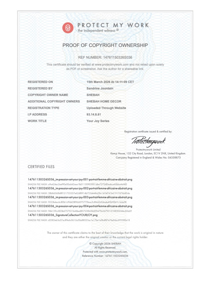 Certificat d'authenticité collection YOUR JOY - SHEBAH HOME DECOR création originale protégée Néhémie 8:10
