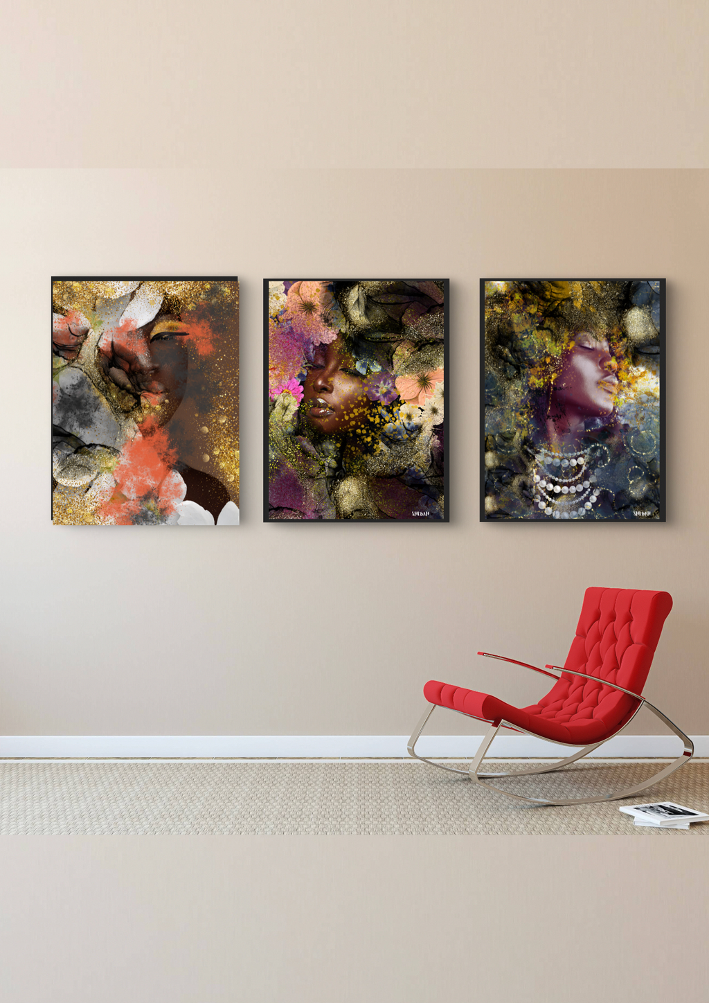 Triptyque BE STILL - Collection portraits femmes africaines abstraits en décoration intérieure SHEBAH HOME DECOR
