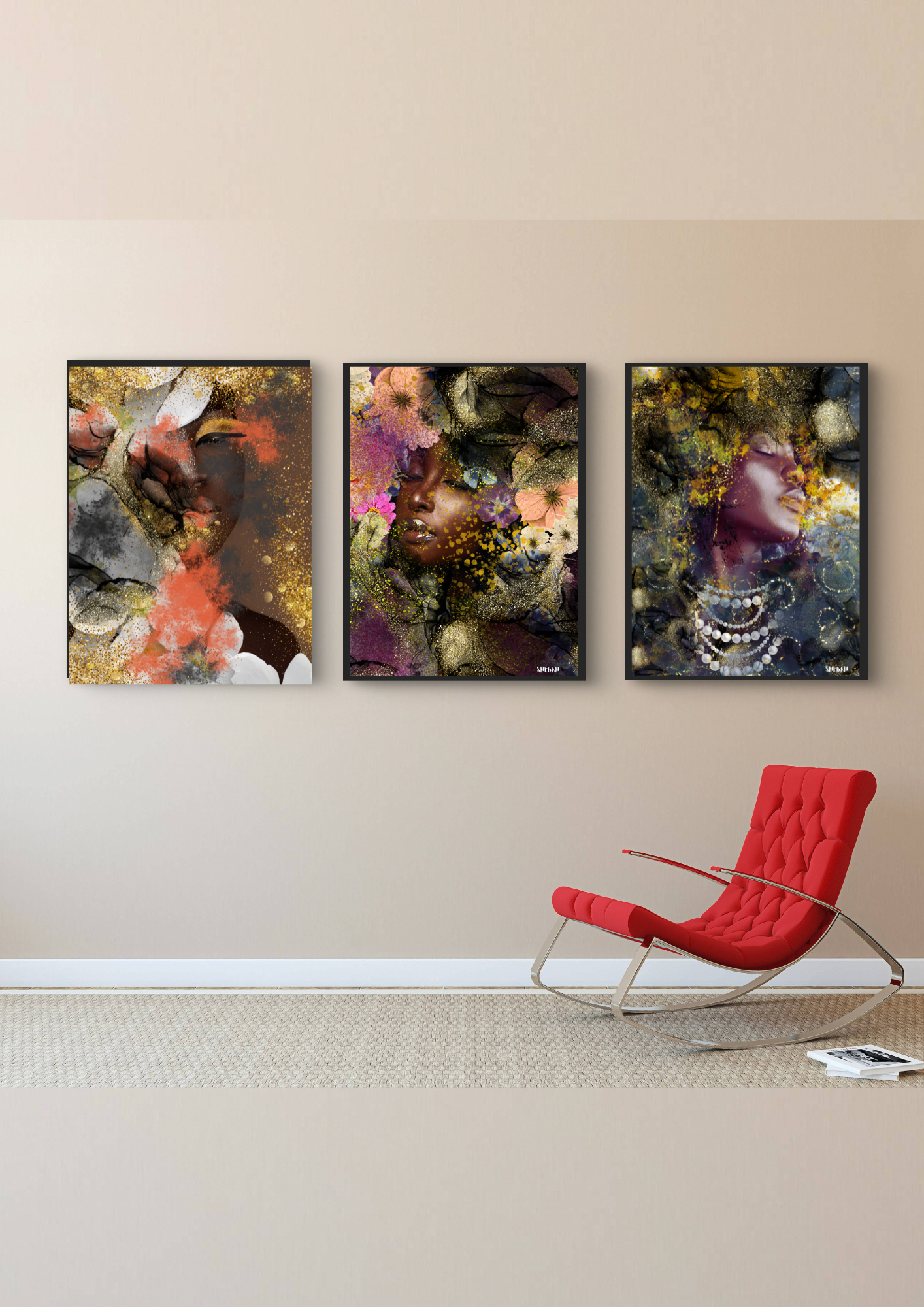 Triptyque BE STILL - Collection portraits femmes africaines abstraits en décoration intérieure SHEBAH HOME DECOR
