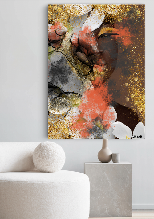 Impression d'art BE STILL 001 Psaume 46:10 dans salon moderne - Portrait femme africaine abstrait SHEBAH HOME DECOR
