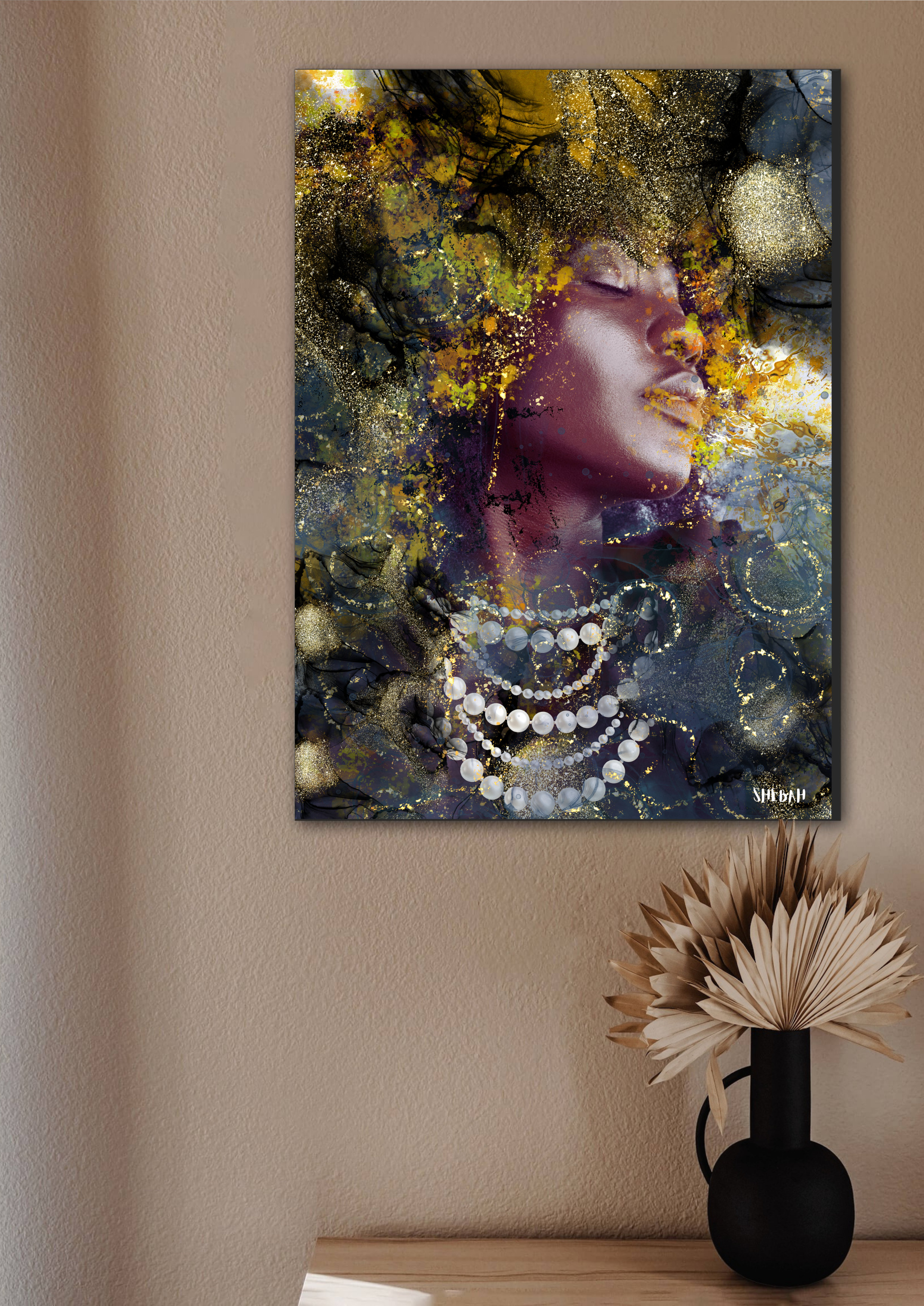 Impression d'art BE STILL 004 Psaume 46:10 dans salon moderne - Portrait femme africaine abstrait SHEBAH HOME DECOR
