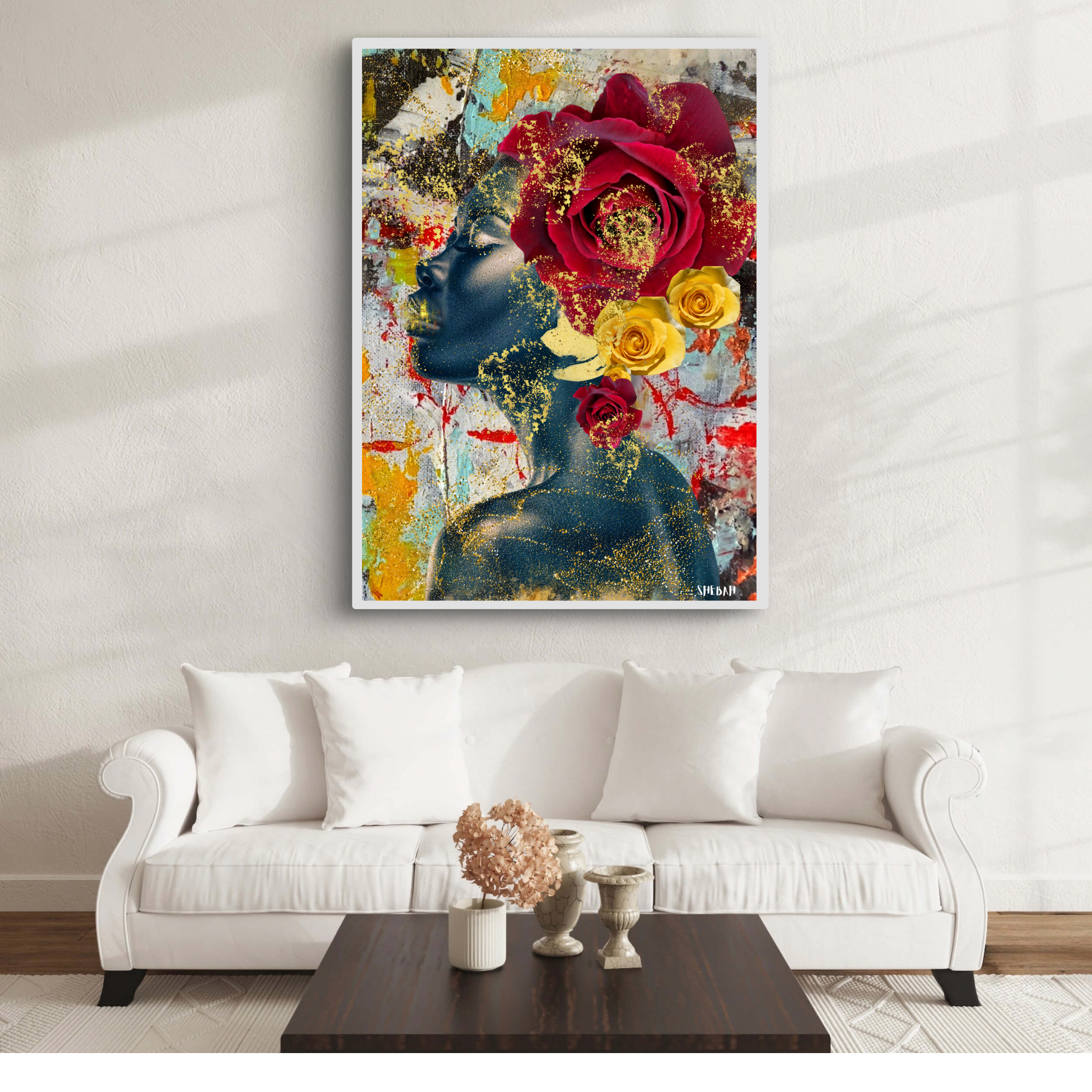Impression d'art JE TE LOUE 001 Psaume 139:14 dans un intérieur moderne luxueux - Portrait femme africaine abstrait SHEBAH HOME DECOR
