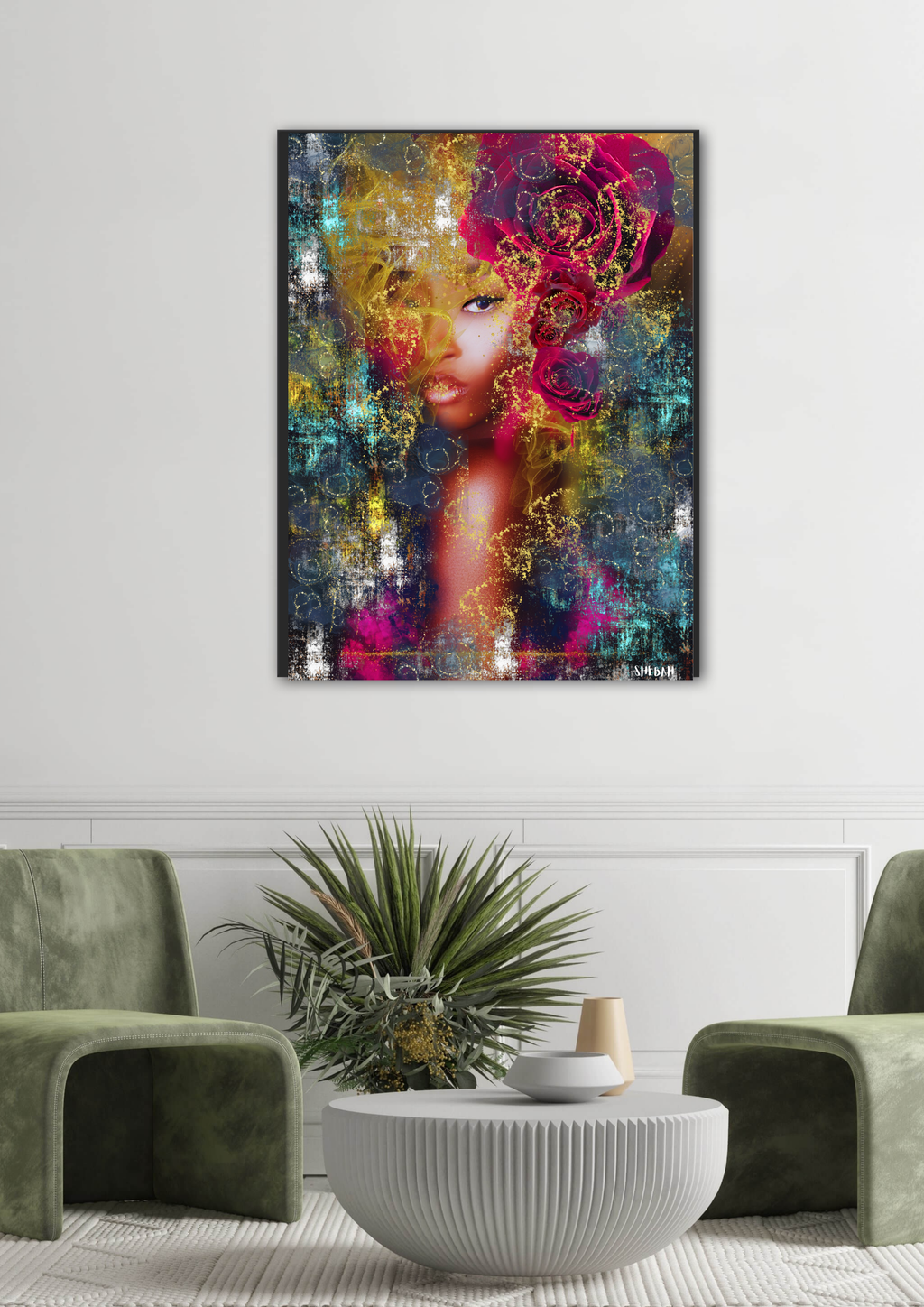 Impression d'art JE TE LOUE 003 Psaume 139:14 dans intérieur moderne luxueux - Portrait femme africaine abstrait SHEBAH HOME DECOR
