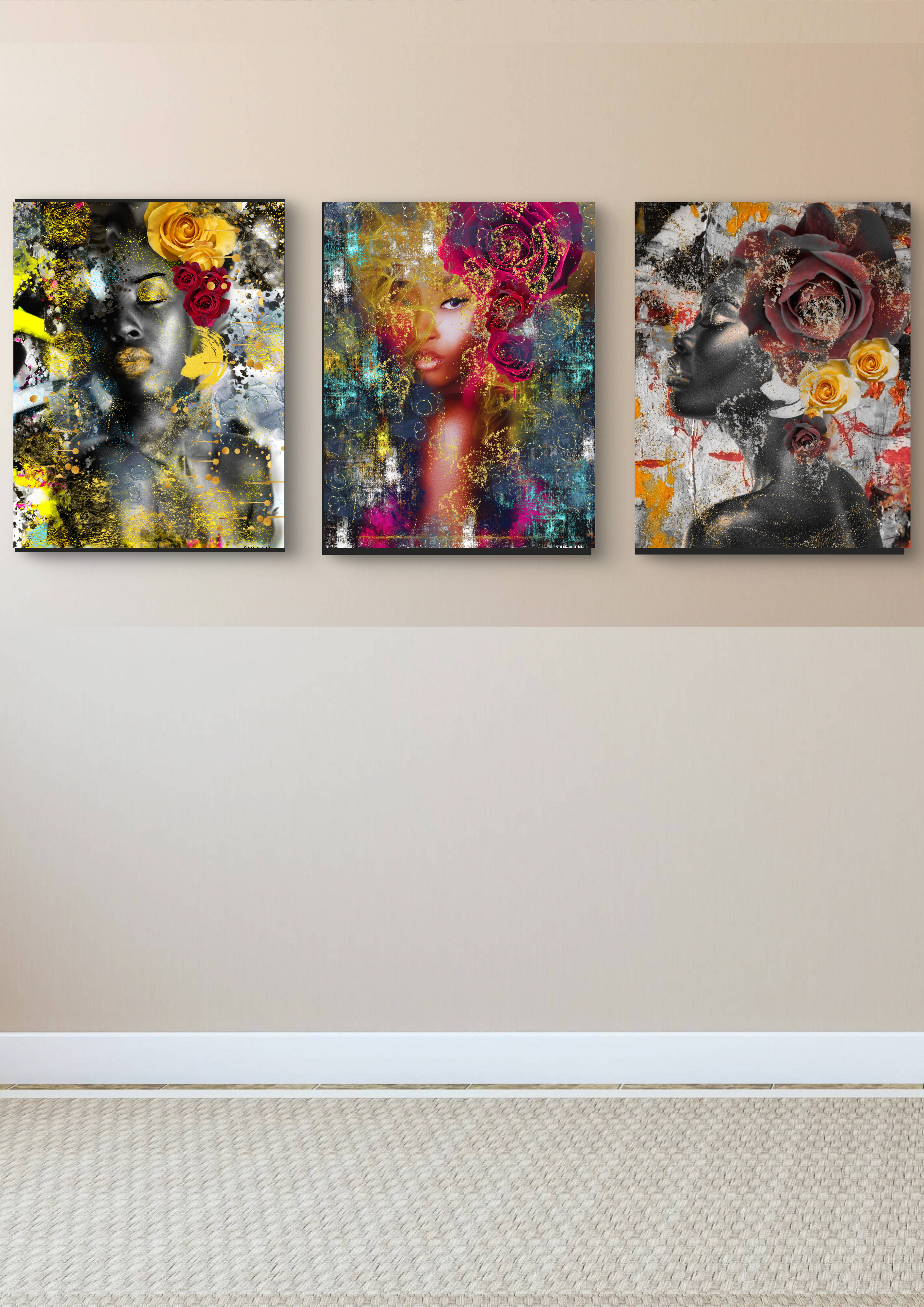 Triptyque JE TE LOUE - Collection portraits femmes africaines abstraits en décoration intérieure SHEBAH HOME DECOR
