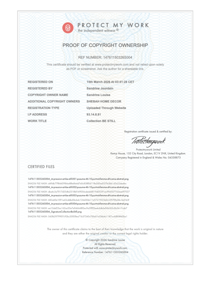 Certificat d'authenticité collection BE STILL - SHEBAH HOME DECOR création originale protégée Psaume 46:10
