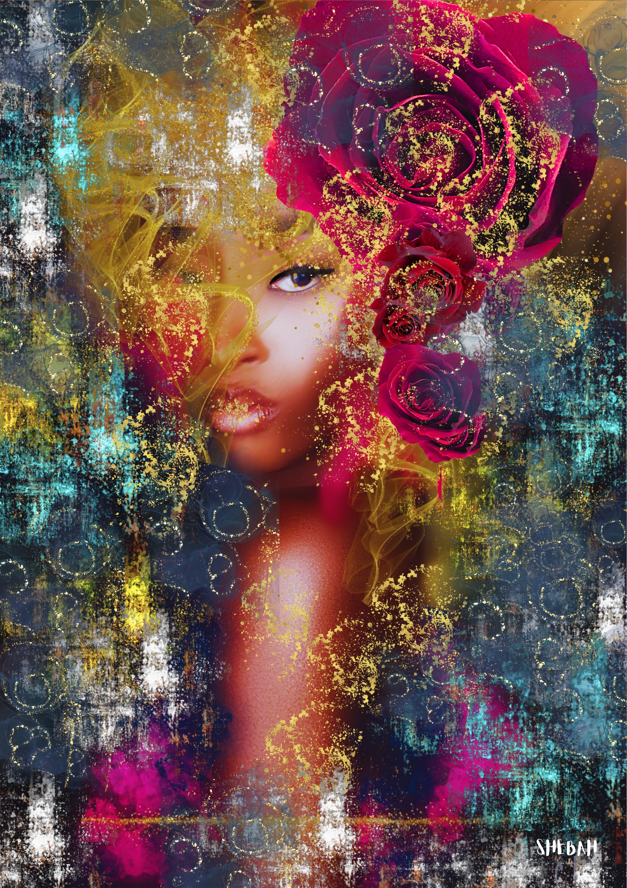 Portrait femme africaine abstrait JE TE LOUE 003 - Impression d'art biblique Psaume 139:14 qualité galerie
